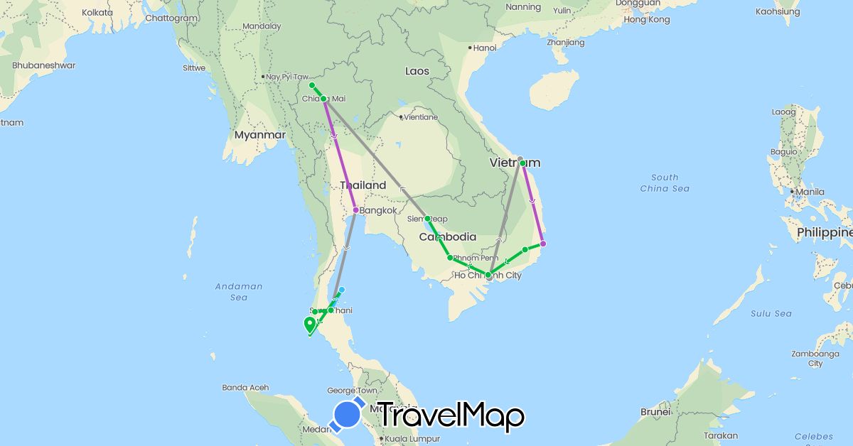 TravelMap itinerary: driving, bus, plane, train, boat in Cambodia, Thailand, Vietnam (Asia)